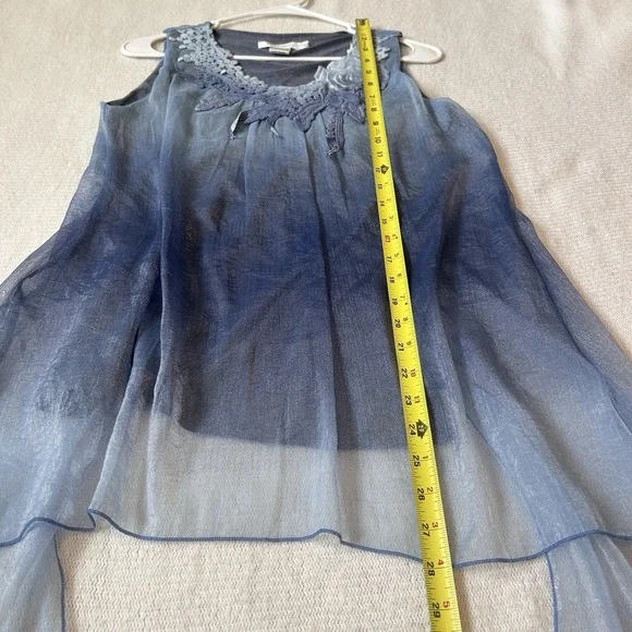 Blue Fairy Sheer Sleeveless Blouse Sz S Asymmetrical Hem Overlay Embroidered - Picture 9 of 12